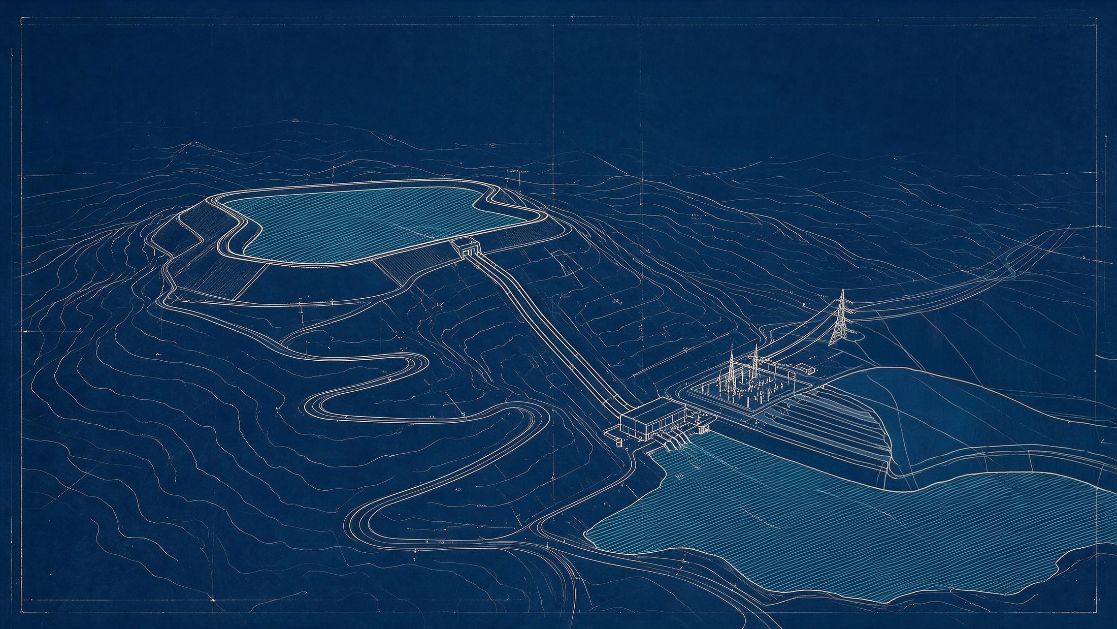 Blueprint aerial of a pumped storage plant: upper reservoir, penstock, powerhouse, switchyard and lower reservoir, with no data centre on the site