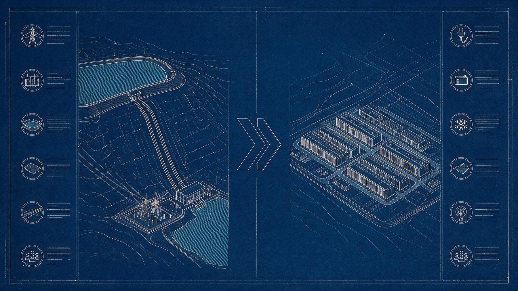 Blueprint comparison: a pumped storage project on the left, an AI data centre campus on the right, with matching infrastructure icons on either side